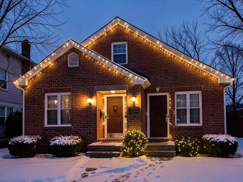 Brick home with warm-white roofline lights and wrapped entry shrubs